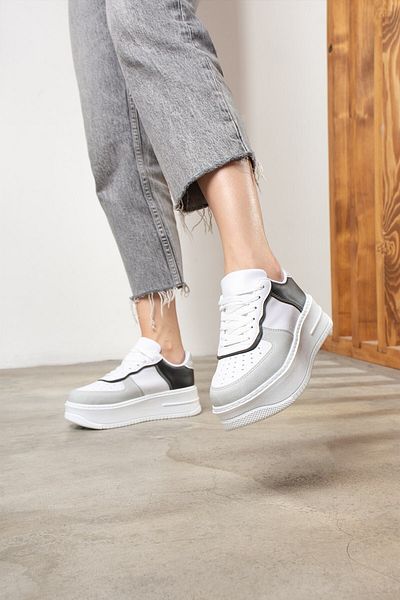İmerShoes White Black Gray Sneaker - Lightweight and Thick Flat Bottom Lace-Up Walking Sneakers 451