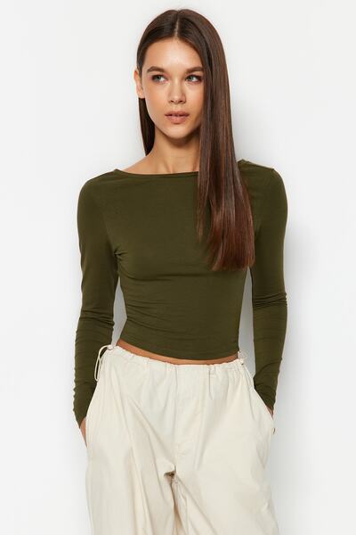 Trendyol Collection Χακί Βαθύ Εφαρμοσμένη Βαμβακερή Πλεκτή Πλεκτή Μπλούζα TWOAW24BZ00173
