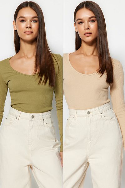 Trendyol Collection Χακί-Μπεζ 2 Πακέτο V-λαιμόκοψη Βαμβακερή ελαστική πλεκτή μπλούζα TWOAW24BZ00068