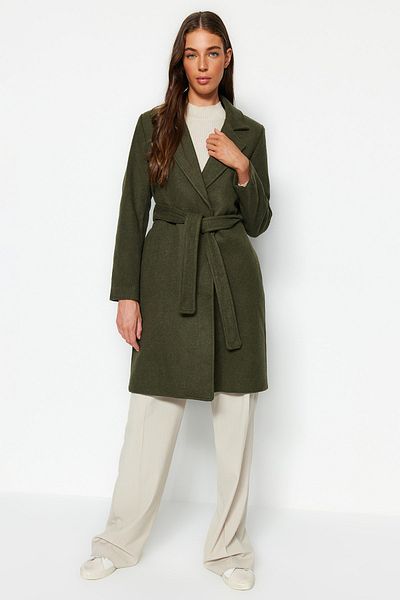 Trendyol Collection Khakifarbener, langer Wollmantel mit Gürtel und Stempelmuster TWOAW20KB0033