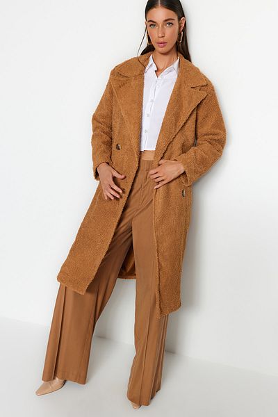 Trendyol Collection Дълго палто от букле с широка кройка Camel TWOAW24KB00037