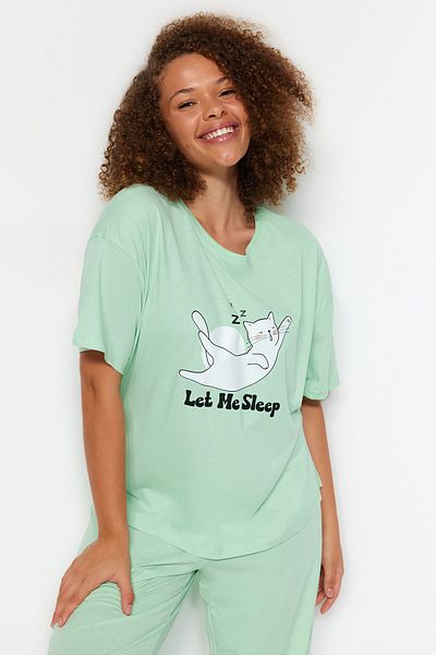 Trendyol Curve Mint Printed Knitted Pajamas Set TBBAW24AI00003