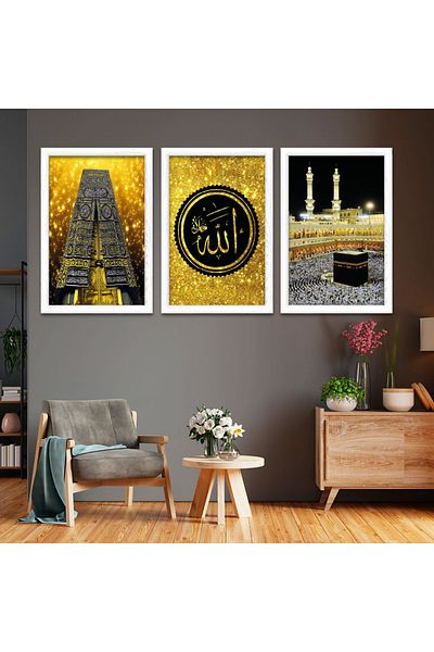 Zevahir Mobilya Dekorasyon Tablou religios Kaaba cu rama din lemn alb