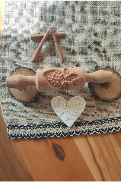 wood and craft Çilek Desenli Kurabiye Ve Şeker Hamuru Merdanesi Masif Ahşap