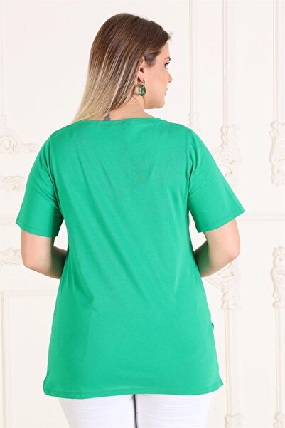 Seamoda V-Neck Slit Oversize Large Size Women's Basic T-shirt-green