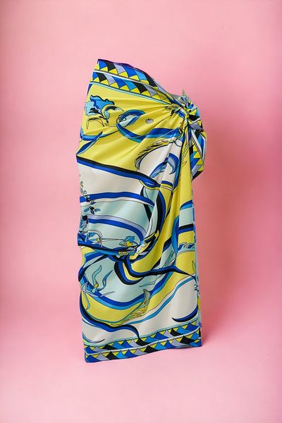 pistore Rochie de plajă pentru femei, cu model de valuri, albastru de apă, galben, satin lung, sezon nou