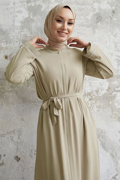 InStyle عباية سالفيا منقوشة بأكمام كاجوال - حجري