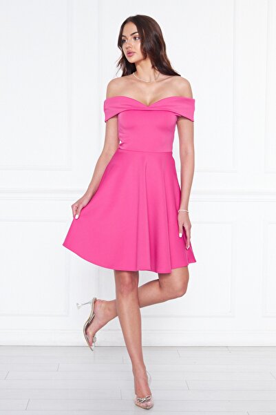 NO48 Fuşya Kalp Yaka Düşük Omuz Esnek Scuba Kumaş Mini Kloş Elbise