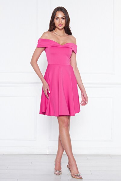 NO48 Fuşya Kalp Yaka Düşük Omuz Esnek Scuba Kumaş Mini Kloş Elbise