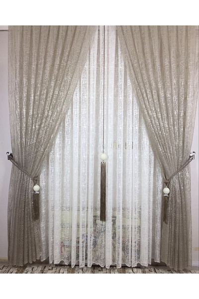 CEYLANLAR Tulle Background Curtain Two Wings Lace up Mink Slub