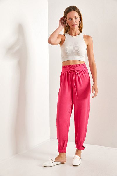 Bianco Lucci Women's Elastic Waist Button Detailed Belted Trousers