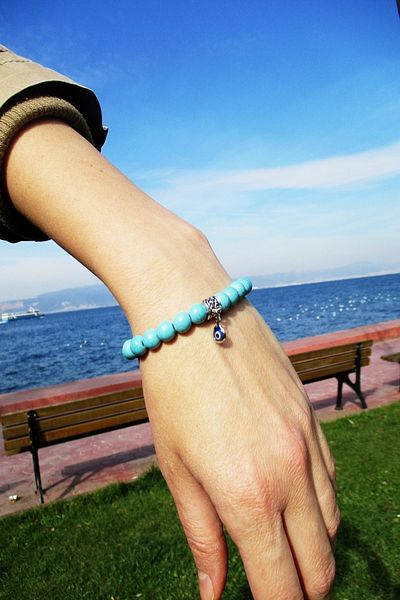 Kusakli Turquoise Natural Stone Bracelet with Single Evil Eye Beads