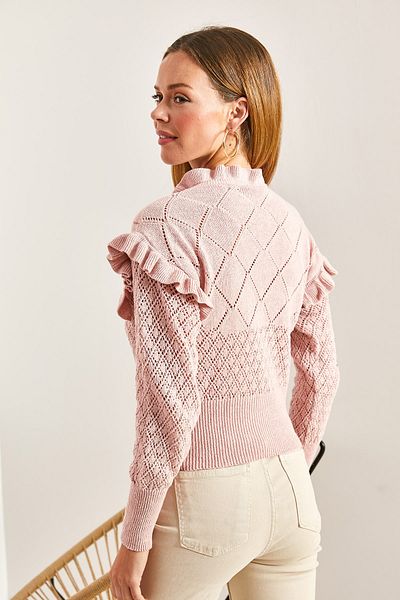 Bianco Lucci Women's Openwork Ruffled Pearl Stone Embroidered Knitwear Cardigan