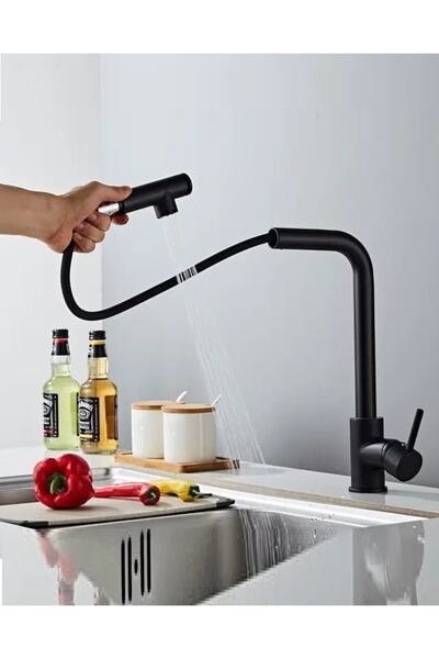 RENA DESIGN SİYAH SPİRALLİ MUTFAK EVYE BATARYASI ÇİFT MODLU TASARRUF FONKSİYONLU MAT SİYAH UZATMALI YENİ MODEL