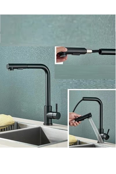 RENA DESIGN BLACK SPIRAL KITCHEN SINK MIXER WITH DUAL MODE SAVING FUNCTION MATTE BLACK EXTENDED NEW MODEL