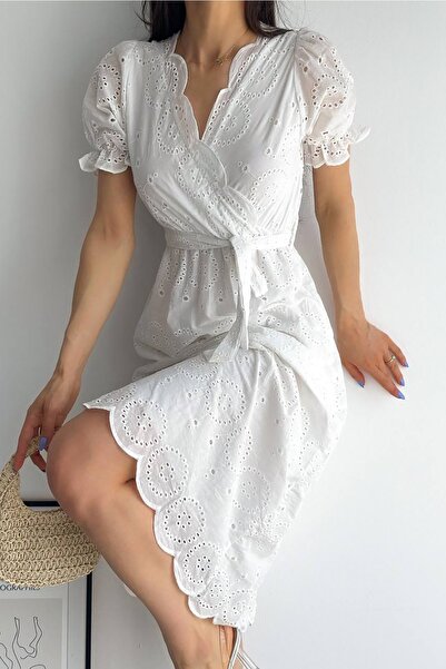 Neşeli Butik فستان نسائي من القطن بياقة مزدوجة الصدر وحزام - KKLF21