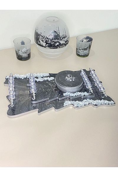 Eperyus Black Color Gray Leaf Detailed Wavy Epoxy Presentation Set of 2 Trays