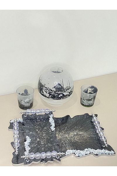 Eperyus Black Color Gray Leaf Detailed Wavy Epoxy Presentation Set of 2 Trays