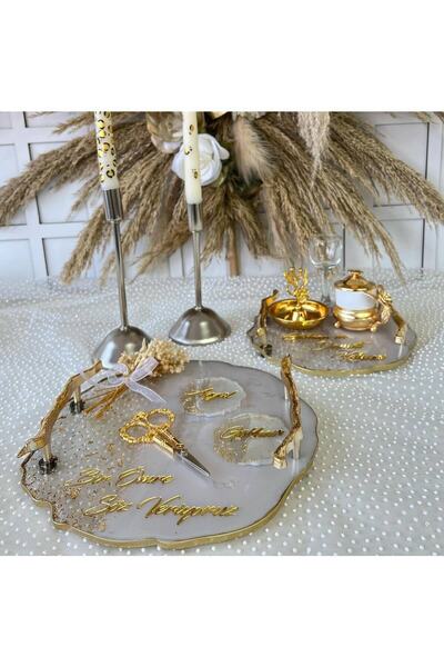 Organizasyon Şahika Söz Nişan Tepsi Seti Yarım Gold Yarım Sedef Polyester Model