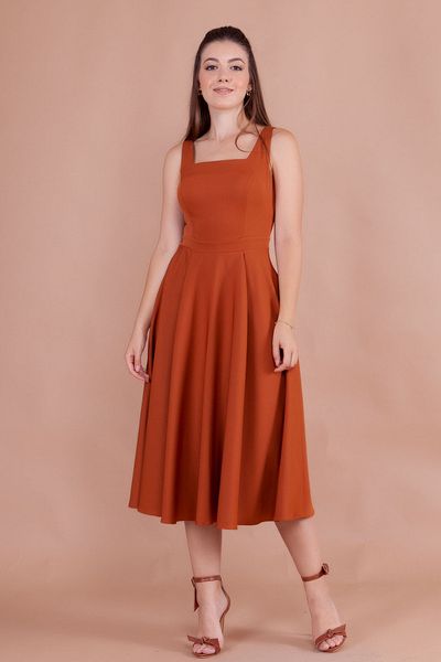 NO48 Φόρεμα Cinnamon Midi - Τετράγωνος γιακάς και χοντρές τιράντες