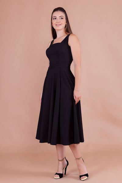 NO48 Black Square Collar Thick Strap Midi Dress