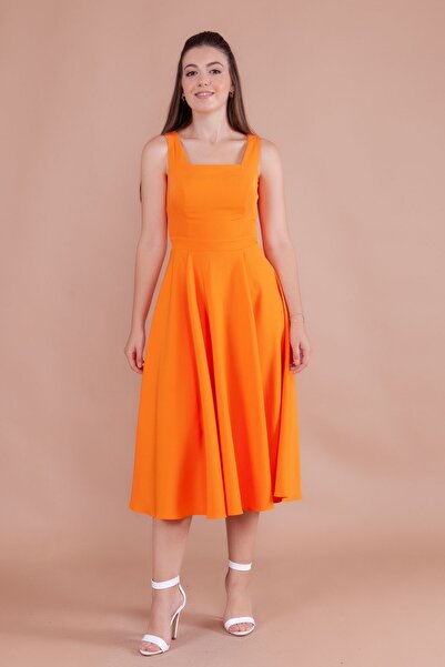 NO48 Πορτοκαλί Μίντι Φόρεμα Χοντρό λουράκι - Τετράγωνος Γιακάς