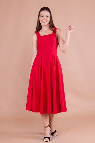 NO48 Red Square Collar Thick Strap Midi Dress