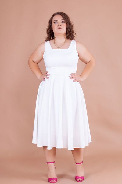 NO48 White Square Collar Thick Strap Large Size Midi Dress