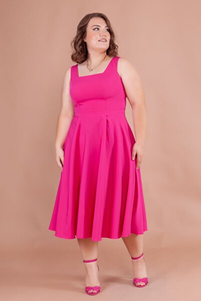 NO48 Rochie midi cu mărime mare, cu decolteu pătrat fucsia, cu bretele groase