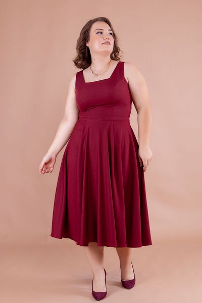 NO48 Claret Red Square Collar Thick Strap Large Size Midi Dress