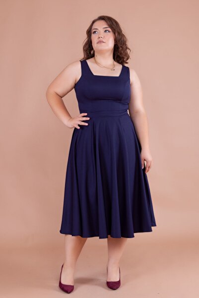 NO48 Μπλε ναυτικό φόρεμα με τετράγωνο λαιμόκοψη, χοντρό λουράκι, μεγάλο μέγεθ...