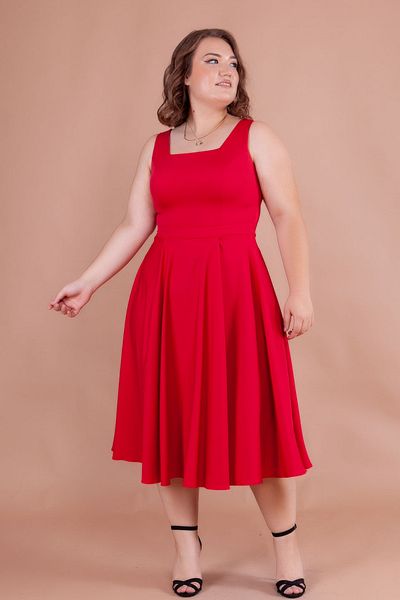NO48 Red Square Collar Thick Strap Large Size Midi Dress