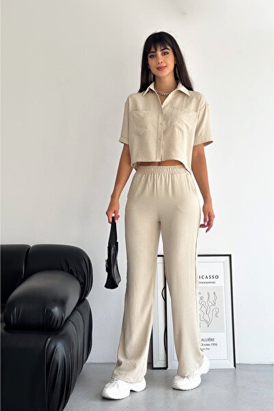 Bella Breeze Set de pantaloni Palazzo elastici pentru cămașă cu nasturi cu bu...