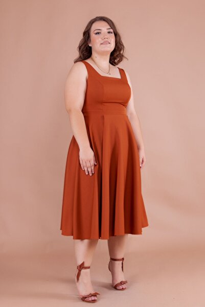 NO48 Cinnamon Square Collar Thick Strap Large Size Midi Dress