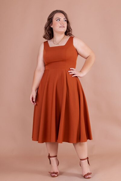 NO48 Cinnamon Square Collar Thick Strap Large Size Midi Dress