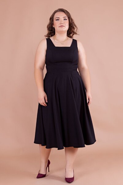 NO48 Rochie midi cu mărime mare, cu bretele groase și gât pătrat negru