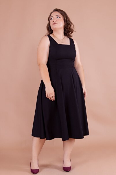 NO48 Rochie midi cu mărime mare, cu bretele groase și gât pătrat negru