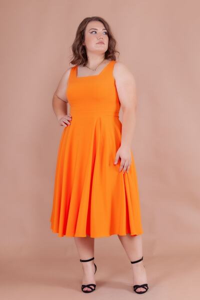 NO48 Plus Size Orange Midi Dress - Square Collar and Thick Straps