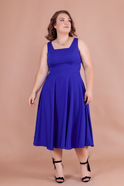 NO48 Rochie midi de mărime mare Sax Blue cu gât pătrat și bretele groase