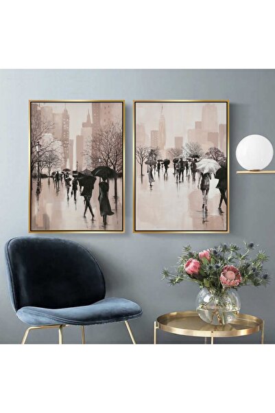 Markazip Insanlar Modern Sanat Altın Metal Çerçeveli 70x100cm Ikili Kanvas Tablo Ctn92-k