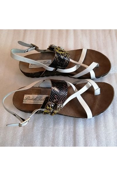 Butik Tülin Women's genuine leather white coffee snake print combined buckle banded thick eva sole toe sandals