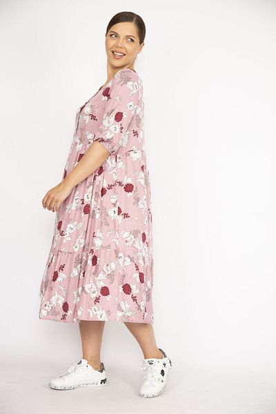 Şans Women's Dried Rose Large Size Woven Viscose Fabric Front Placket Buttoned Skirt Tip Layered Dress 65n36522