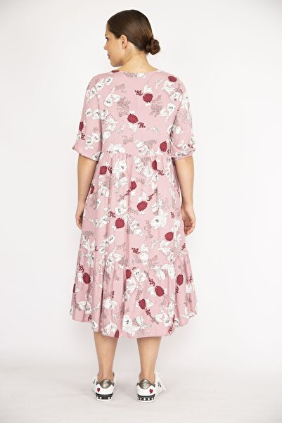 Şans Women's Dried Rose Large Size Woven Viscose Fabric Front Placket Buttoned Skirt Tip Layered Dress 65n36522