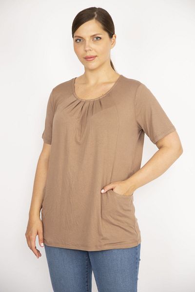 Şans Women's Camel Plus Size Collar Pleated Front Pocket Blouse 65n36640