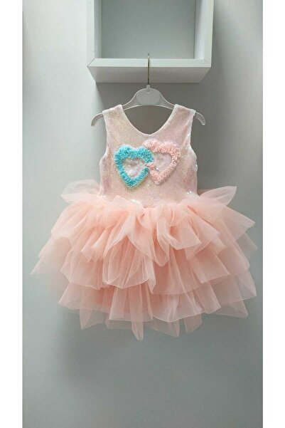 babysmile PAYETLİ KALP DETAYLI SOMON ELBİSE