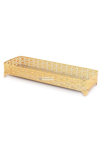HELVACIOĞLU AKSESUAR Baton Patterned Mirrored Sweet Presentation Tray 13X40 cm Gold
