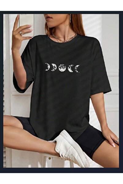 Pelna Majica Crna Oversize Printed Crew Neck