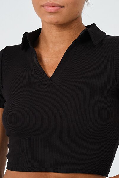 PUNKY CAT Women's Black Polo Neck Short Sleeve Crop T-Shirt