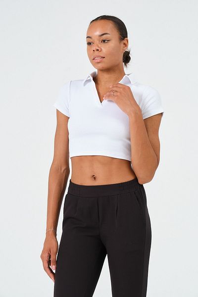 PUNKY CAT Women's White Polo Neck Short Sleeve Crop T-Shirt