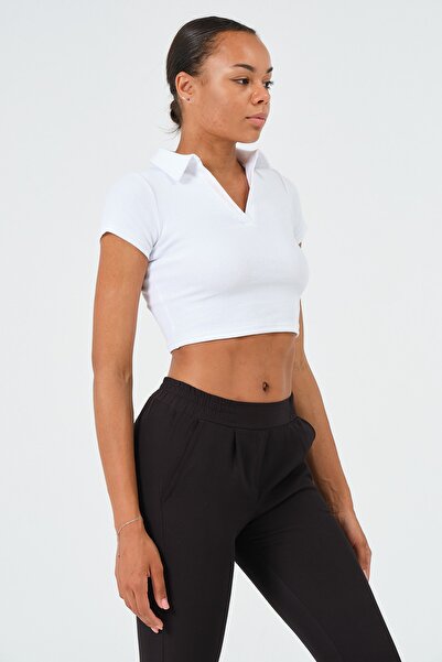 PUNKY CAT Women's White Polo Neck Short Sleeve Crop T-Shirt